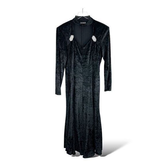 John Roberts Vintage Crinkled Black Velvet Maxi Dress Button‎ Choker Collar Goth - Picture 1 of 14